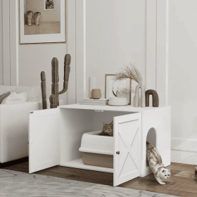 Cat Litter Box Enclosure With Barn Door, Cat Hole (Color: White)