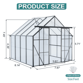 Double Door Polycarbonate Greenhouse Raised Base And Anchor Aluminum Heavy Duty Walk-in Greenhouses For Outdoor Backyard In All Season (Option: Black-8x8FT)